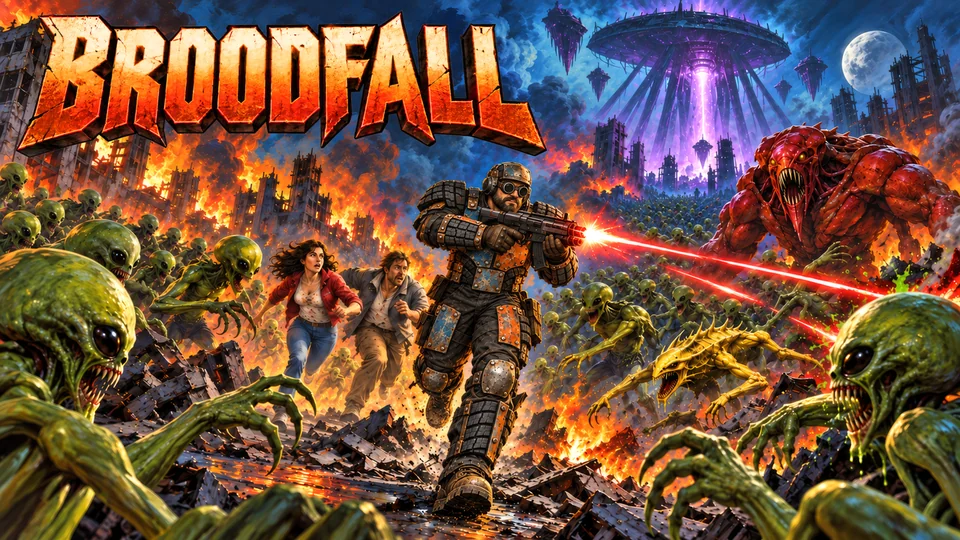 Broodfall retro junkyard promotional banner: BROODFALL title above a soldier and civilians fighting an alien invasion